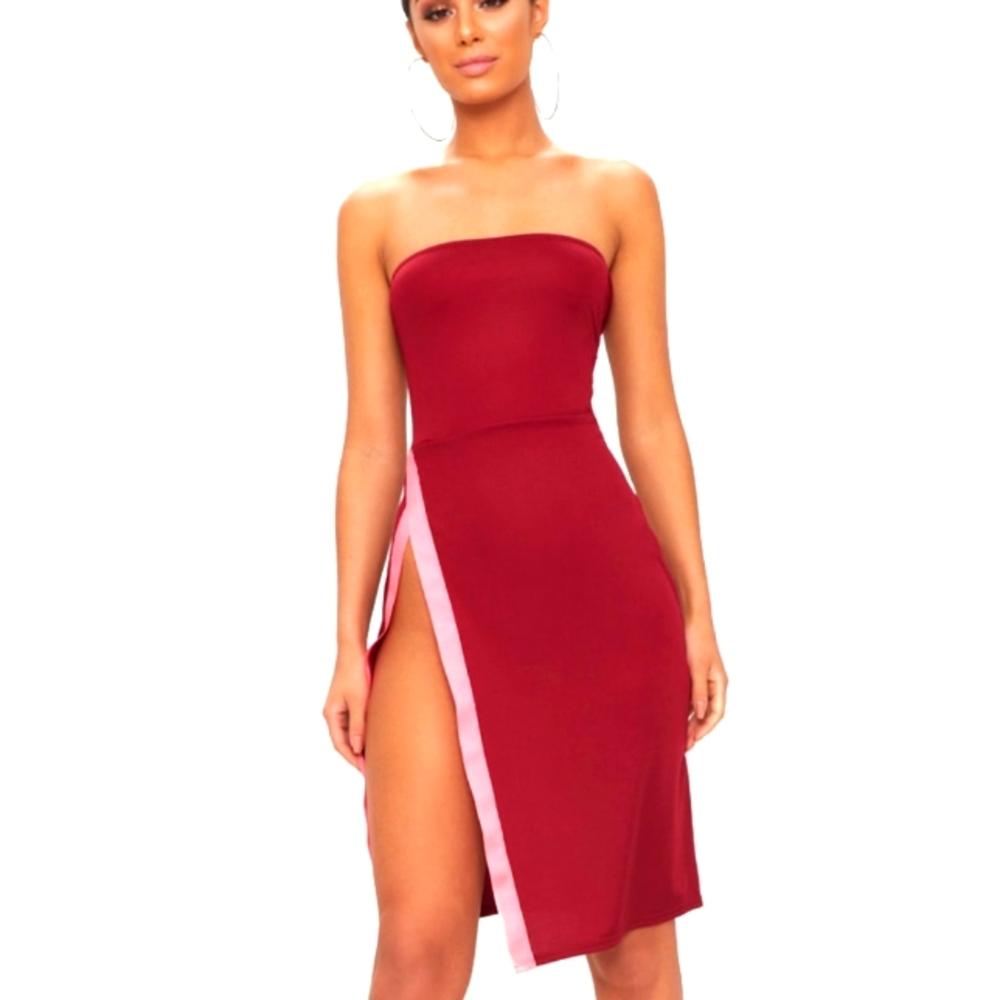Burgundy Sport Stripe Extreme Split Bandeau Midi Dress